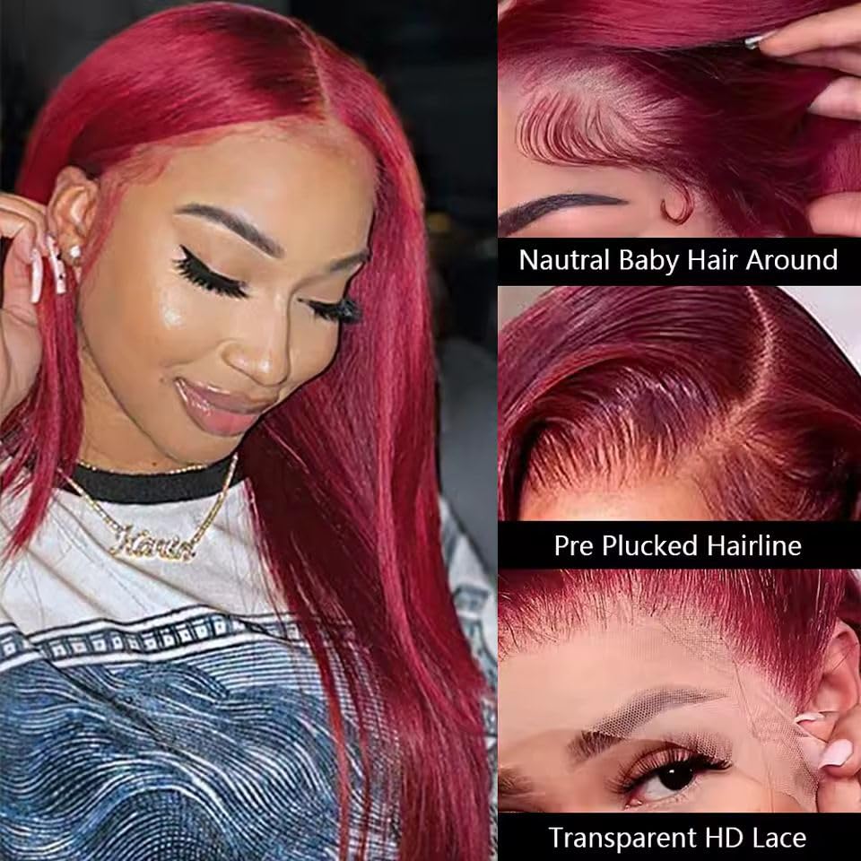 250% Density 99J Burgundy Red Silky Straight with Baby Hair 13x6 HD Lace Wig Human Hair 20 Inch