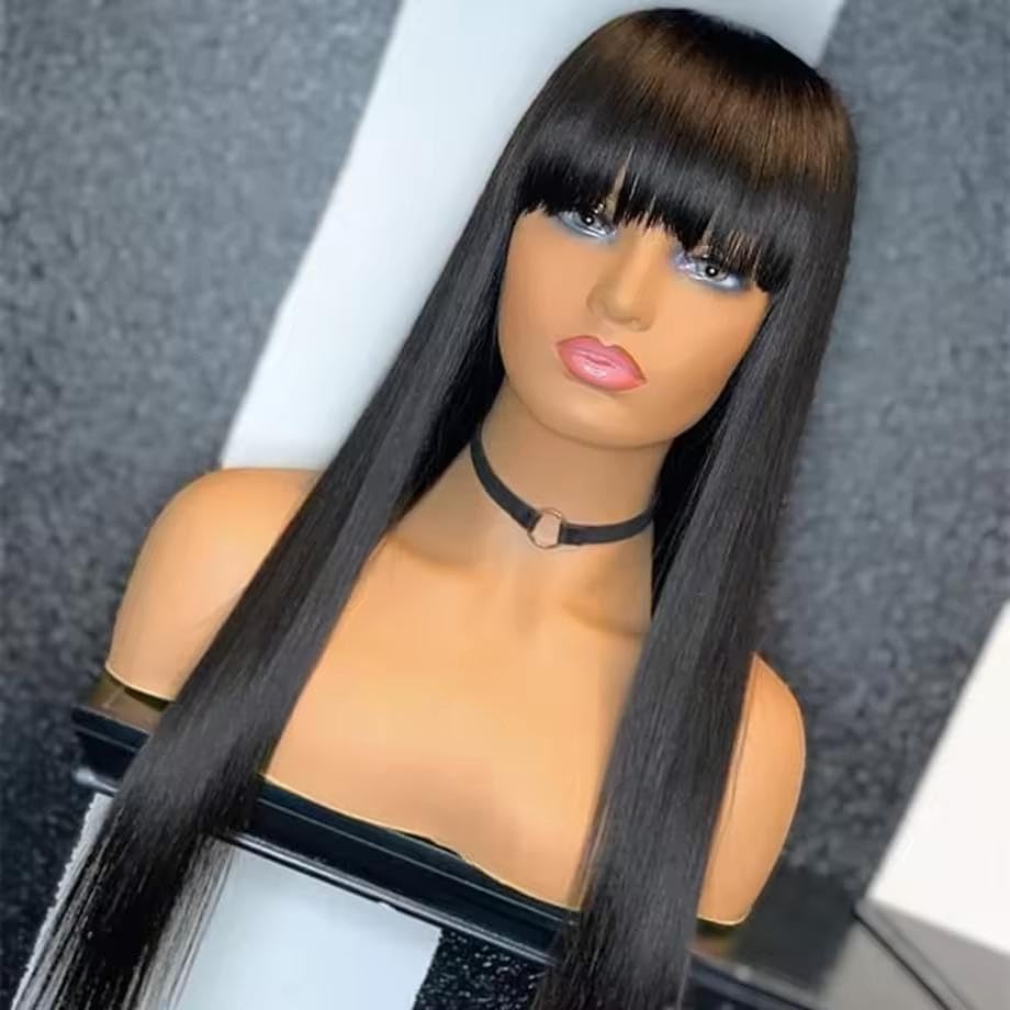 180% Density Silky Straight with Bangs 13x4 Wig Human Hair 24 Inch