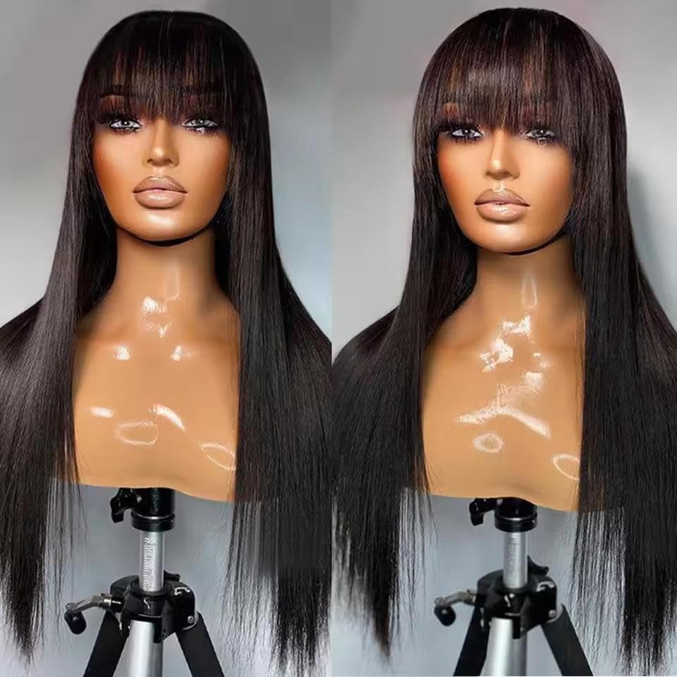 180% Density Silky Straight with Bangs 13x4 Wig Human Hair 24 Inch