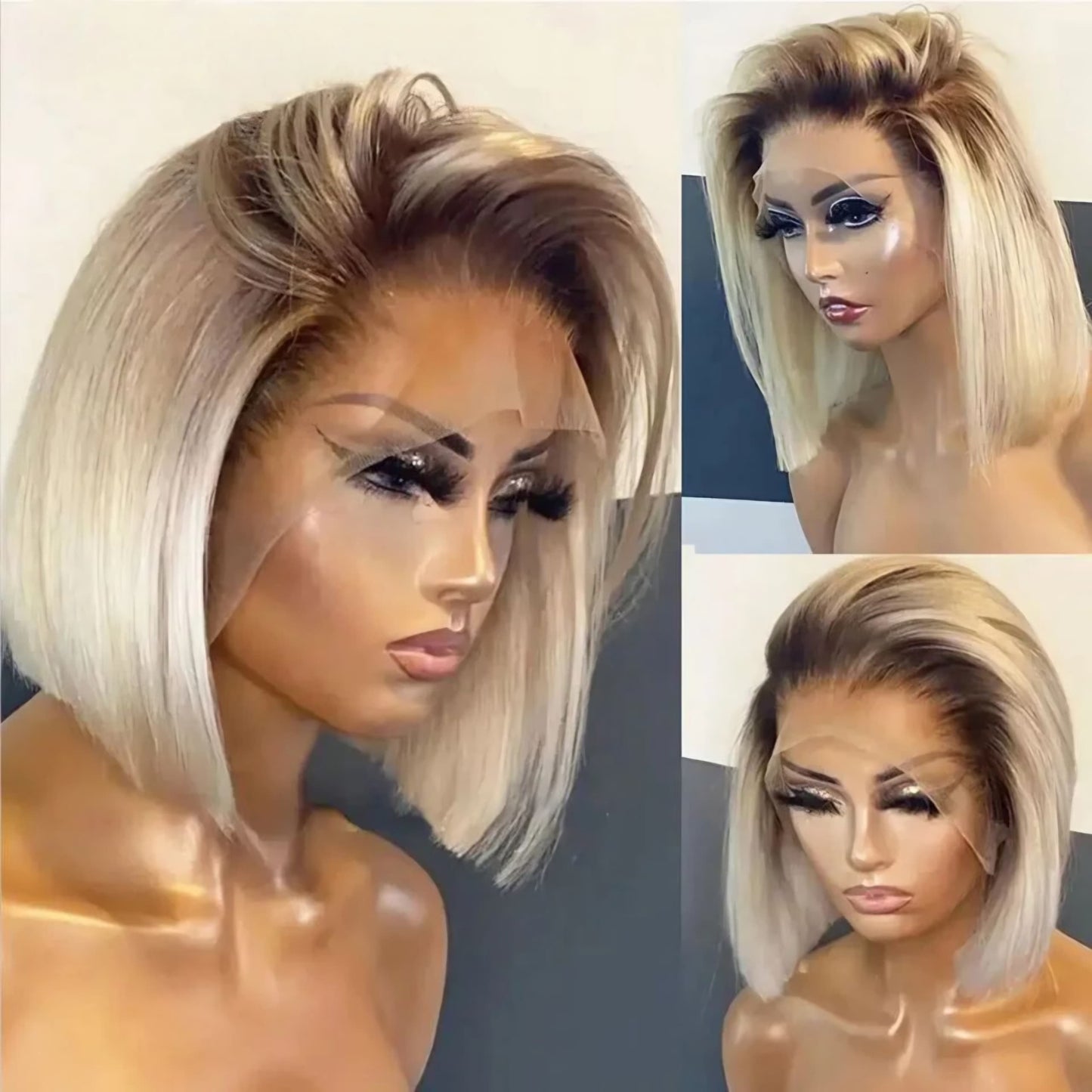 180% Density Ombre Blonde Silky Straight Bob 13x6 Lace Wig Human Hair 8 Inch