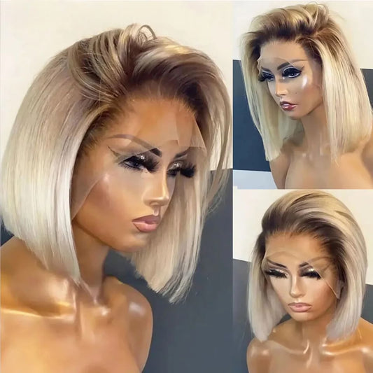 180% Density Ombre Blonde Silky Straight Bob 13x6 Lace Wig Human Hair 8 Inch