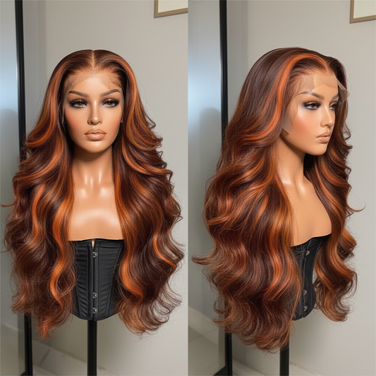 180% Density Ginger Orange Brown Highlight Body Wave 13x6 Lace Wig Human Hair 22 inch