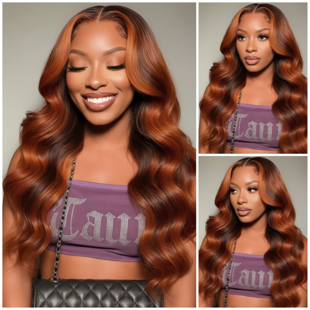 180% Density Ginger Orange Brown Highlight Body Wave 13x6 Lace Wig Human Hair 22 inch