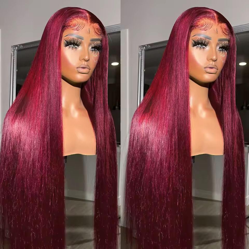 250% Density 99J Burgundy Red Silky Straight with Baby Hair 13x6 HD Lace Wig Human Hair 20 Inch