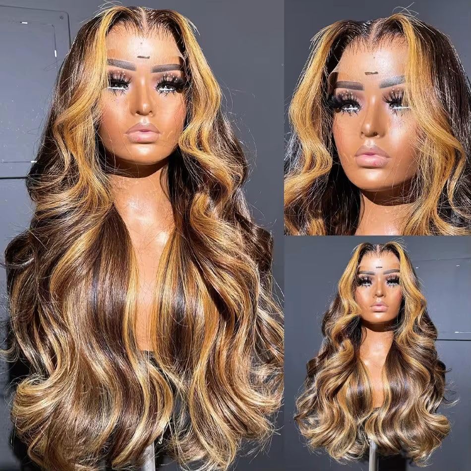 180% Density Honey Blonde Body Wave Highlight 13x6 Lace Wig Human Hair 20 Inch