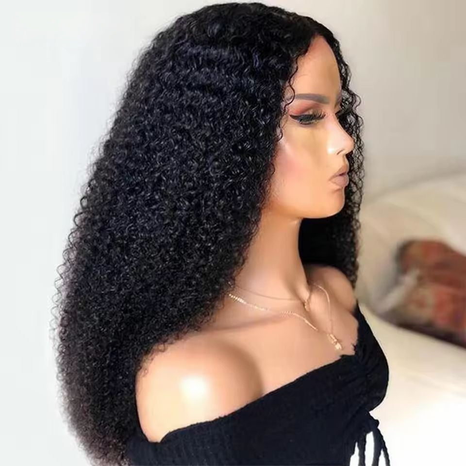 Side view of 360 glueless lace wig with kinky curly Brazilian human hair